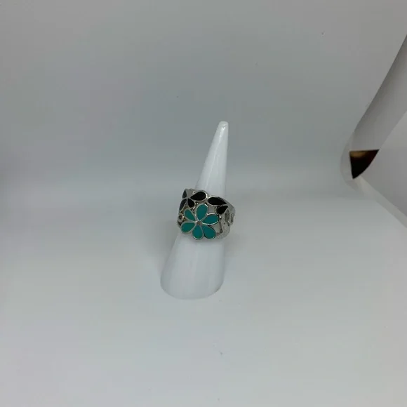 NEW Silver w Black Turquoise Flower Ring - Picture 5 of 7